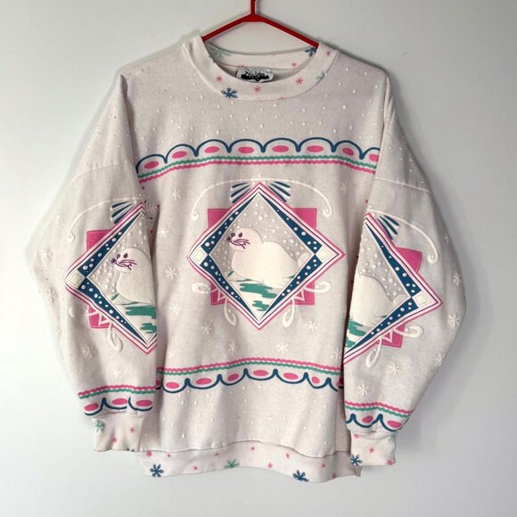 90s vintage seal animal snowy winter holiday graphic cotton pullover sweatshirt - Picture 1 of 10
